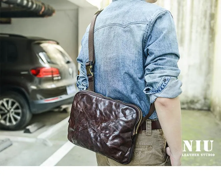 Cool Black Leather Men 10 inches Chest Bag Messenger Bag Courier Bags Postman Bag For Men