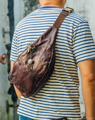 Cool Black Leather Mens Chest Bag Fanny Pack Waist Bags Coffee Leather Hip Bag Bum Bag For Men