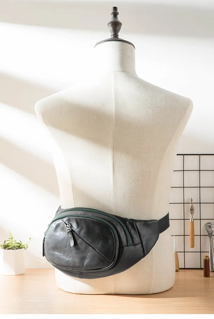 Cool Black Leather Mens Chest Bag Waist Bag Sling Bags Black Fanny Pack for Men