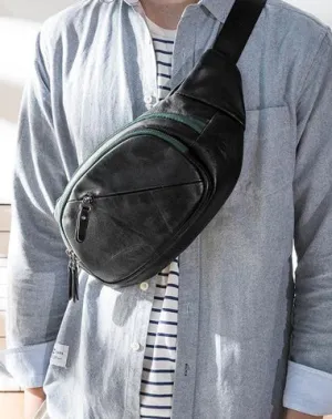 Cool Black Leather Mens Chest Bag Waist Bag Sling Bags Black Fanny Pack for Men