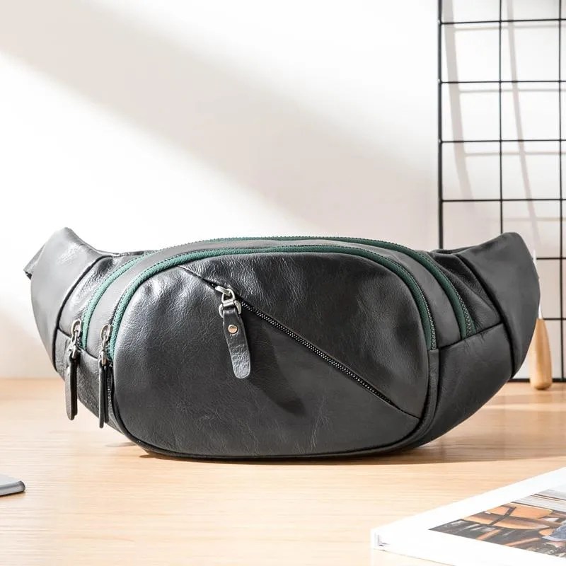 Cool Black Leather Mens Chest Bag Waist Bag Sling Bags Black Fanny Pack for Men