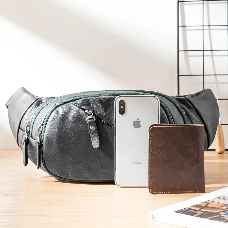 Cool Black Leather Mens Chest Bag Waist Bag Sling Bags Black Fanny Pack for Men