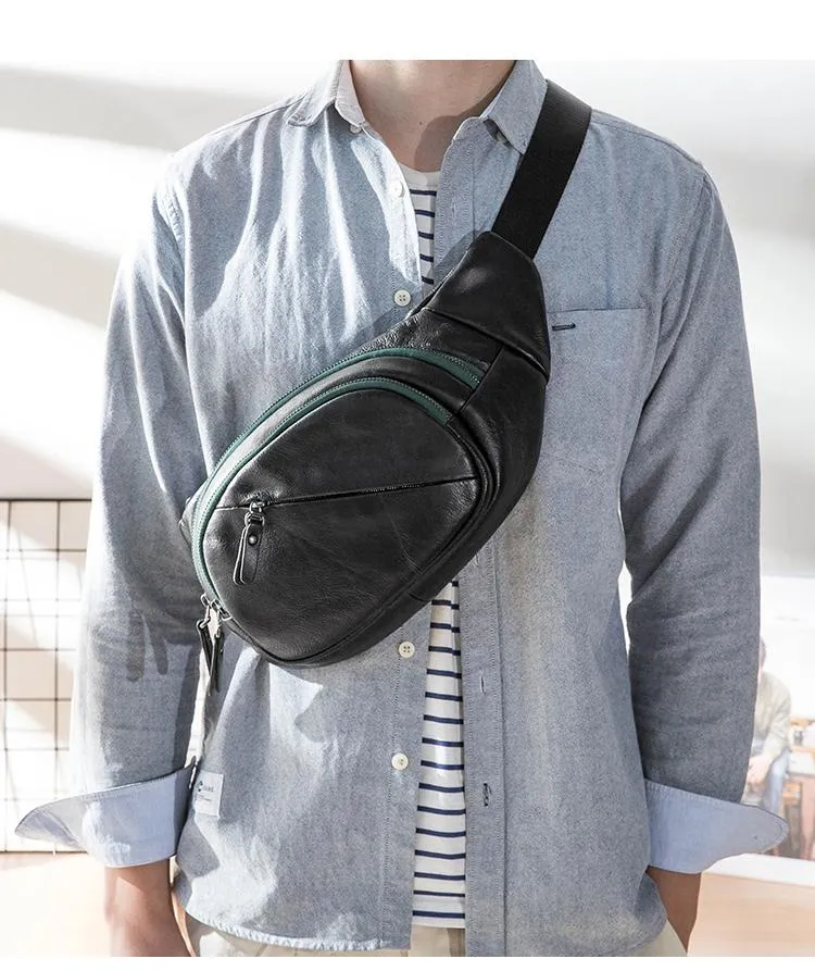 Cool Black Leather Mens Chest Bag Waist Bag Sling Bags Black Fanny Pack for Men