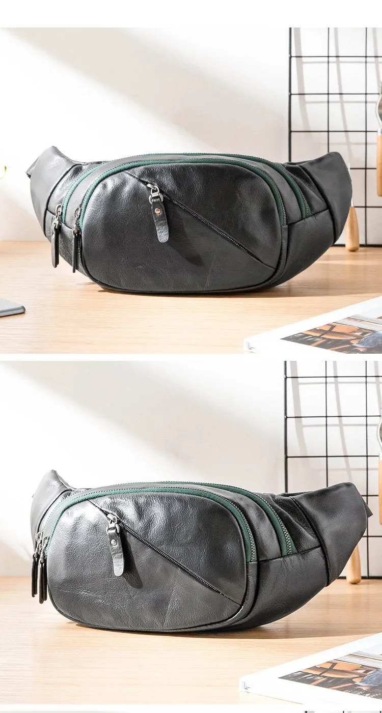 Cool Black Leather Mens Chest Bag Waist Bag Sling Bags Black Fanny Pack for Men