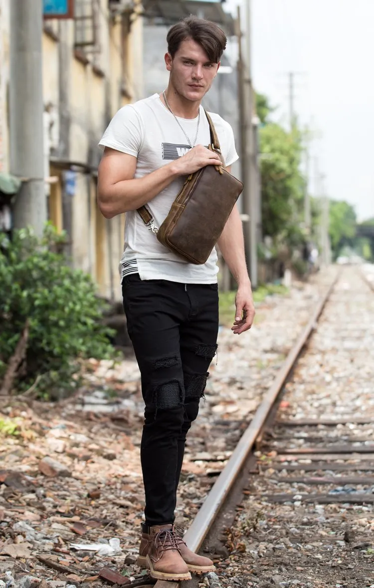 Cool Black Leather Mens Cool Sling Bag Black Crossbody Pack Chest Bag for men
