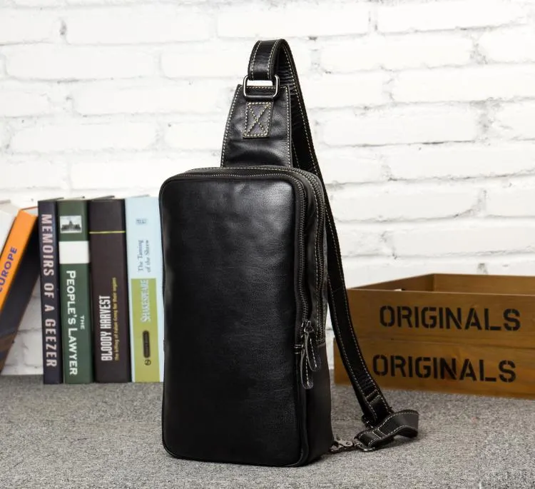 Cool Black Leather Mens Cool Sling Bag Black Crossbody Pack Chest Bag for men