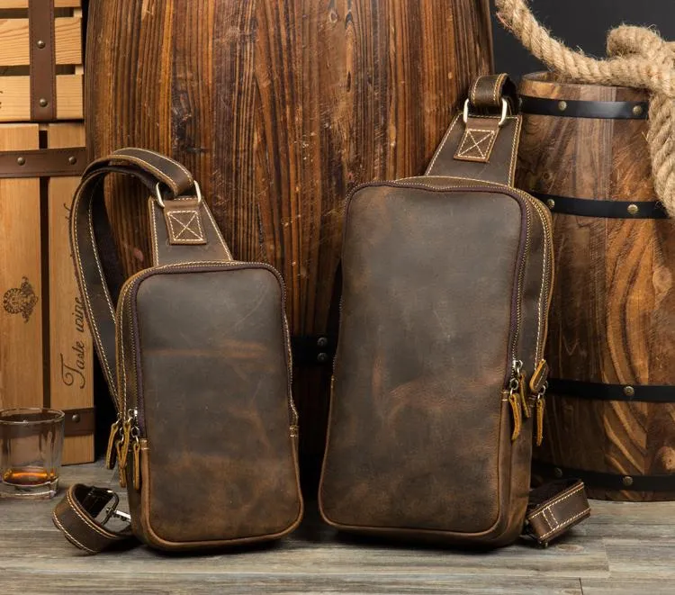 Cool Black Leather Mens Cool Sling Bag Black Crossbody Pack Chest Bag for men
