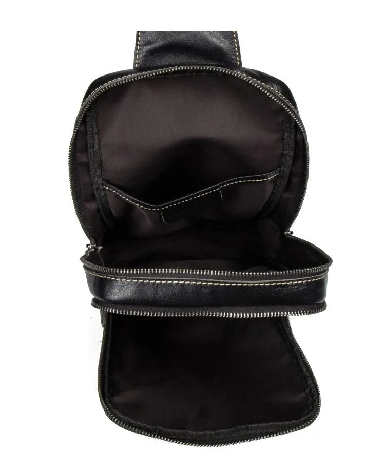 Cool Black Leather Mens Cool Sling Bag Black Crossbody Pack Chest Bag for men