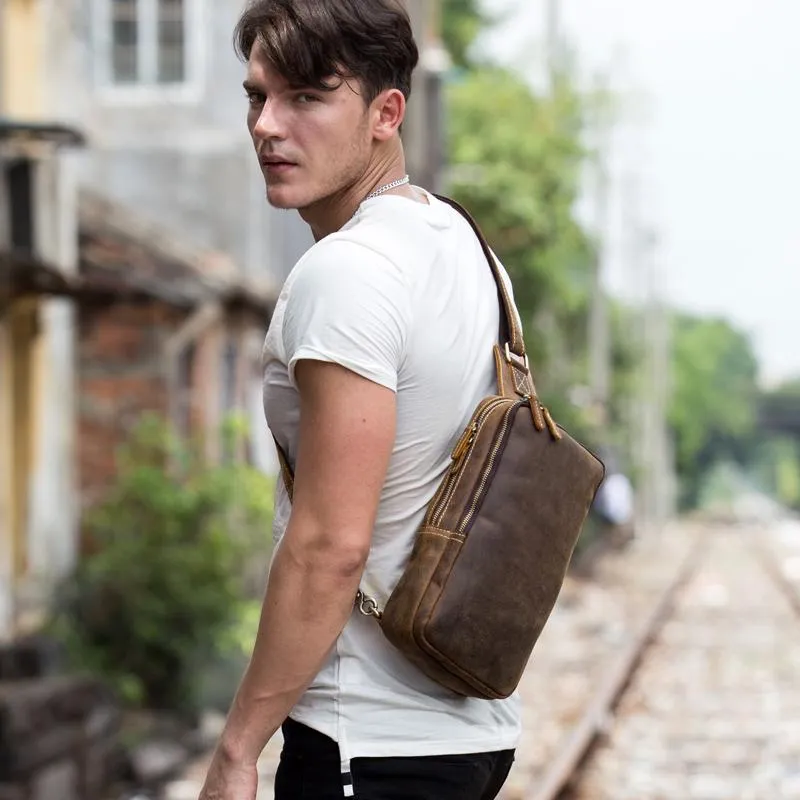 Cool Black Leather Mens Cool Sling Bag Black Crossbody Pack Chest Bag for men