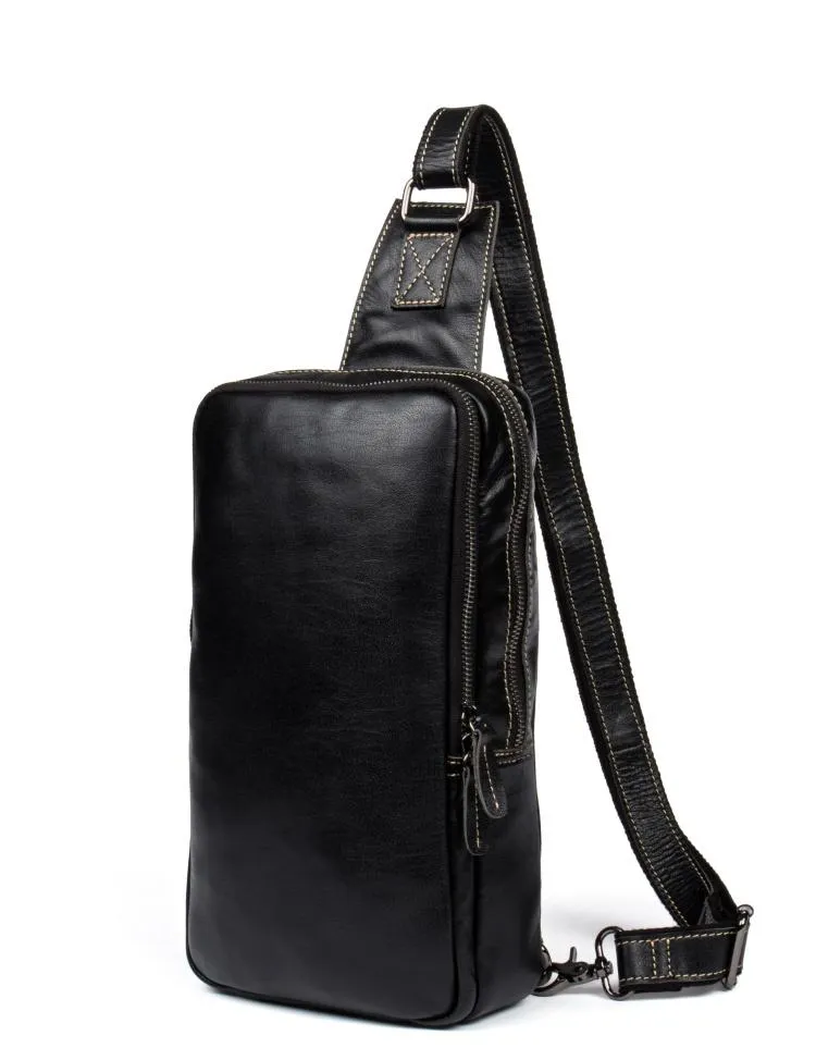 Cool Black Leather Mens Cool Sling Bag Black Crossbody Pack Chest Bag for men