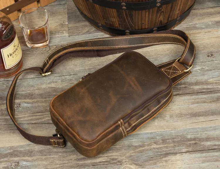 Cool Black Leather Mens Cool Sling Bag Black Crossbody Pack Chest Bag for men
