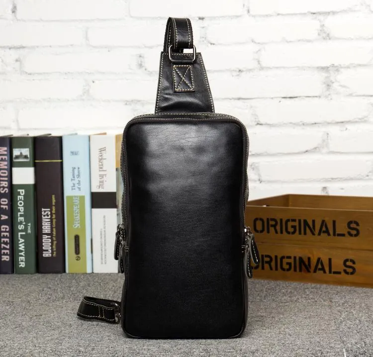 Cool Black Leather Mens Cool Sling Bag Black Crossbody Pack Chest Bag for men