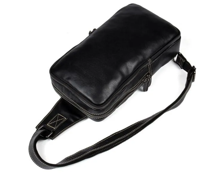 Cool Black Leather Mens Cool Sling Bag Black Crossbody Pack Chest Bag for men