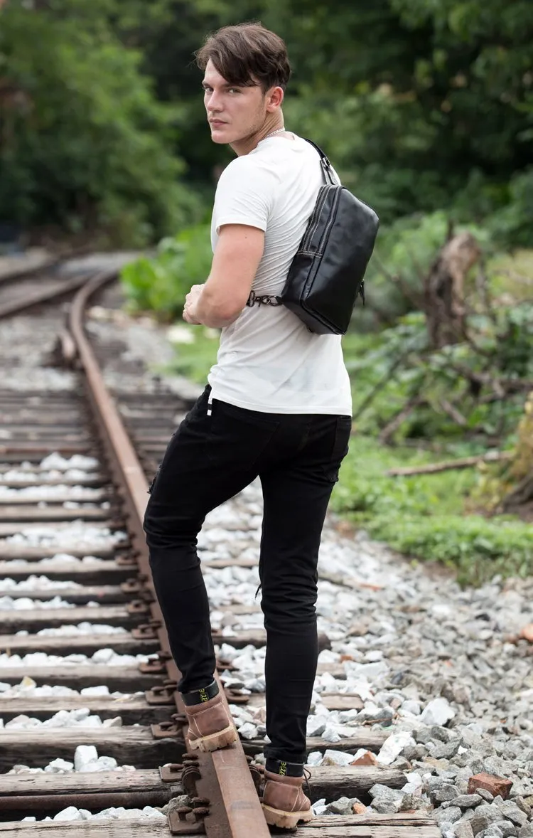 Cool Black Leather Mens Cool Sling Bag Black Crossbody Pack Chest Bag for men