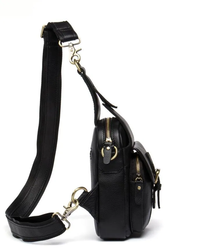 Cool Black Leather Mens Sling Bag Black Sling Pack Crossbody Pack Black Chest Bag for men