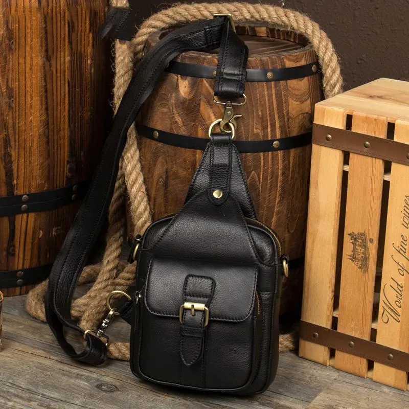 Cool Black Leather Mens Sling Bag Black Sling Pack Crossbody Pack Black Chest Bag for men