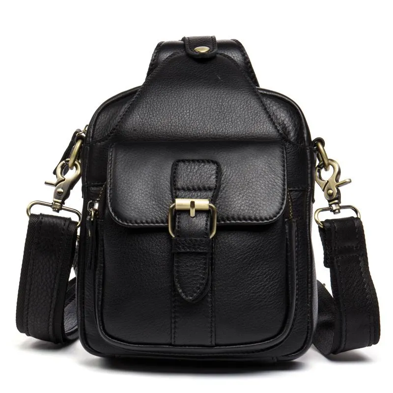 Cool Black Leather Mens Sling Bag Black Sling Pack Crossbody Pack Black Chest Bag for men