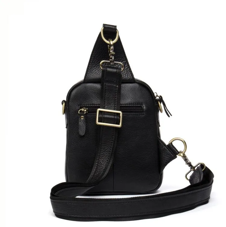 Cool Black Leather Mens Sling Bag Black Sling Pack Crossbody Pack Black Chest Bag for men