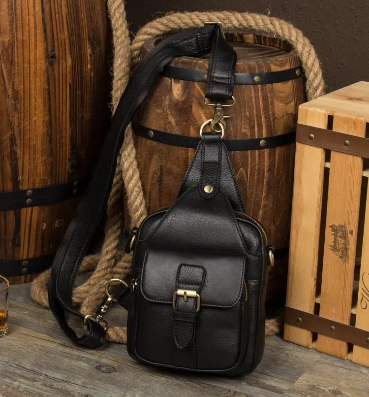 Cool Black Leather Mens Sling Bag Black Sling Pack Crossbody Pack Black Chest Bag for men