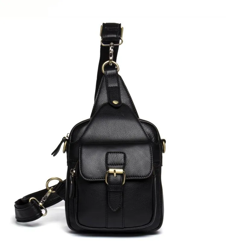 Cool Black Leather Mens Sling Bag Black Sling Pack Crossbody Pack Black Chest Bag for men