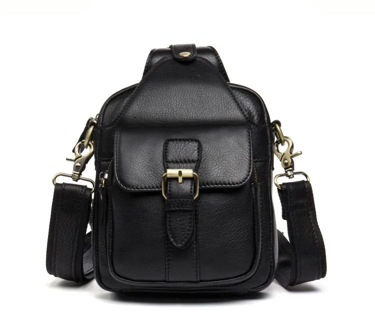 Cool Black Leather Mens Sling Bag Black Sling Pack Crossbody Pack Black Chest Bag for men