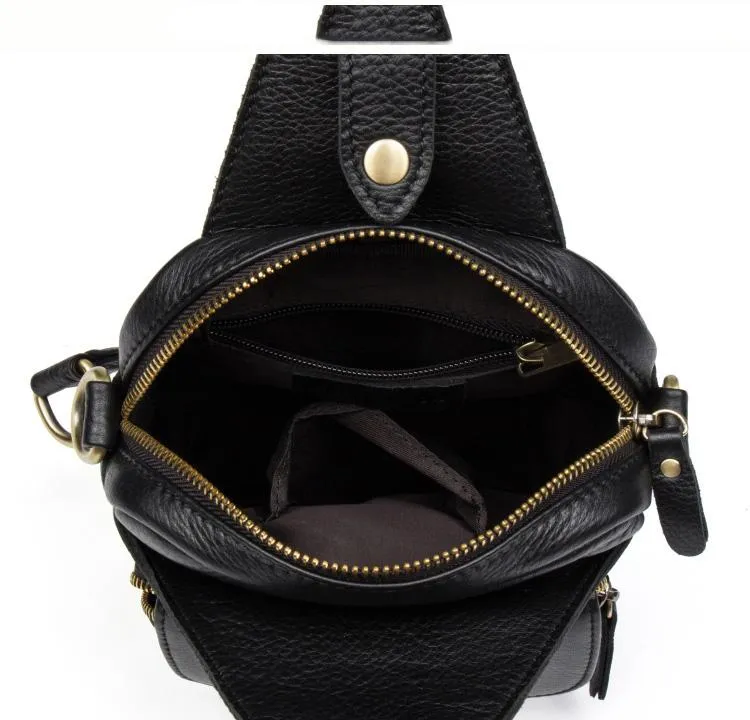 Cool Black Leather Mens Sling Bag Black Sling Pack Crossbody Pack Black Chest Bag for men