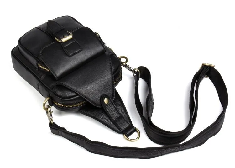 Cool Black Leather Mens Sling Bag Black Sling Pack Crossbody Pack Black Chest Bag for men