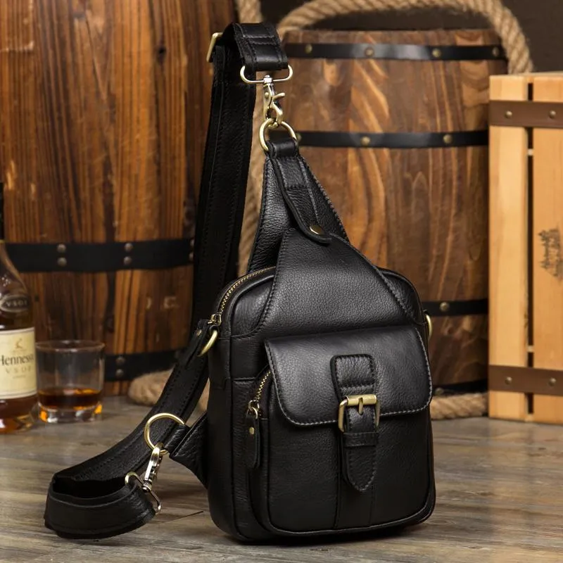Cool Black Leather Mens Sling Bag Black Sling Pack Crossbody Pack Black Chest Bag for men