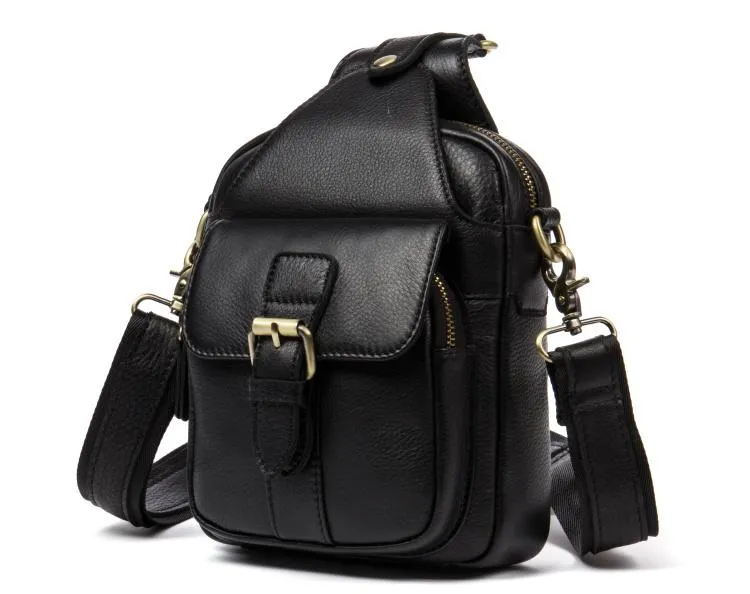 Cool Black Leather Mens Sling Bag Black Sling Pack Crossbody Pack Black Chest Bag for men