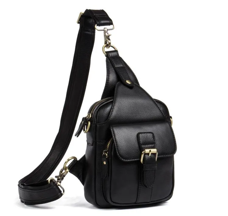 Cool Black Leather Mens Sling Bag Black Sling Pack Crossbody Pack Black Chest Bag for men