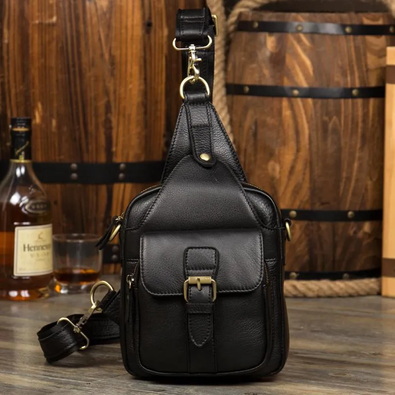 Cool Black Leather Mens Sling Bag Black Sling Pack Crossbody Pack Black Chest Bag for men