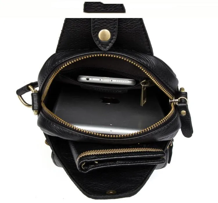 Cool Black Leather Mens Sling Bag Black Sling Pack Crossbody Pack Black Chest Bag for men