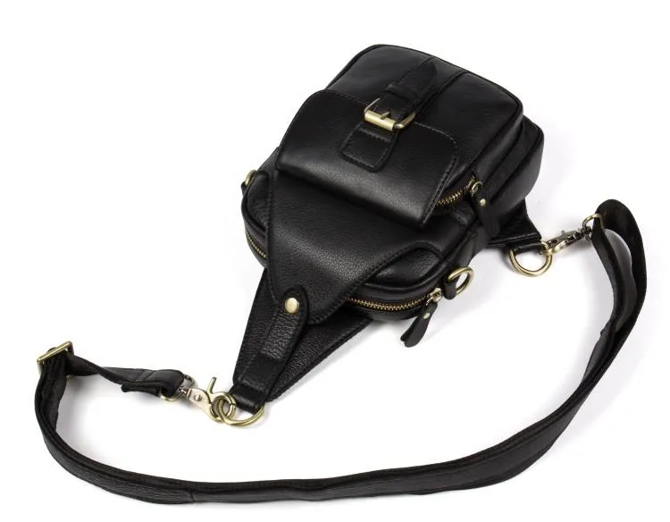 Cool Black Leather Mens Sling Bag Black Sling Pack Crossbody Pack Black Chest Bag for men