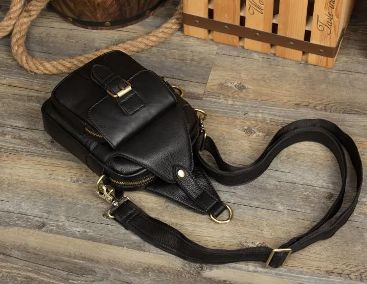 Cool Black Leather Mens Sling Bag Black Sling Pack Crossbody Pack Black Chest Bag for men