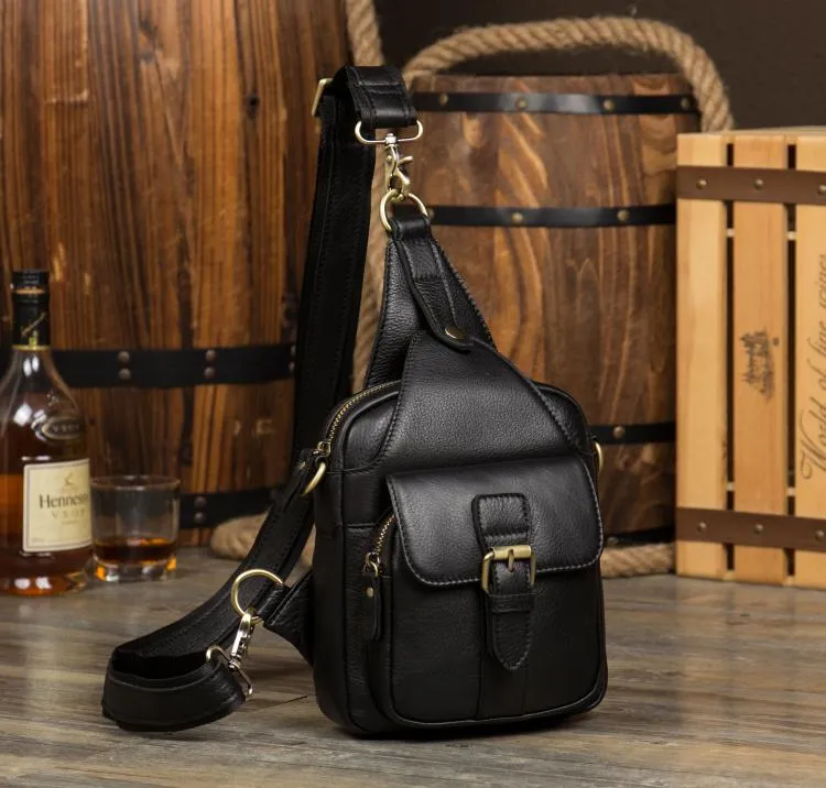 Cool Black Leather Mens Sling Bag Black Sling Pack Crossbody Pack Black Chest Bag for men
