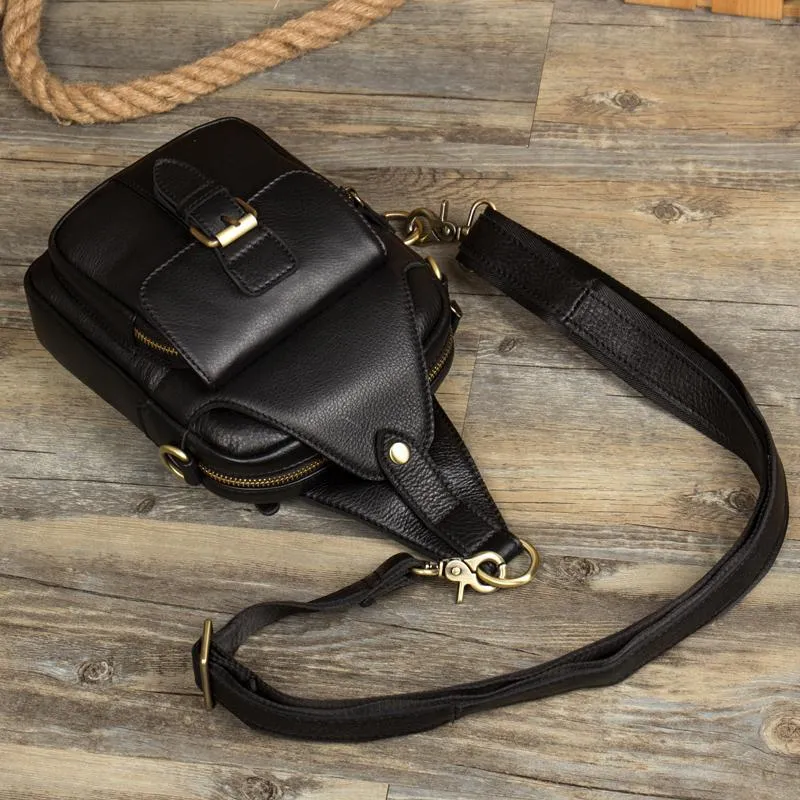Cool Black Leather Mens Sling Bag Black Sling Pack Crossbody Pack Black Chest Bag for men