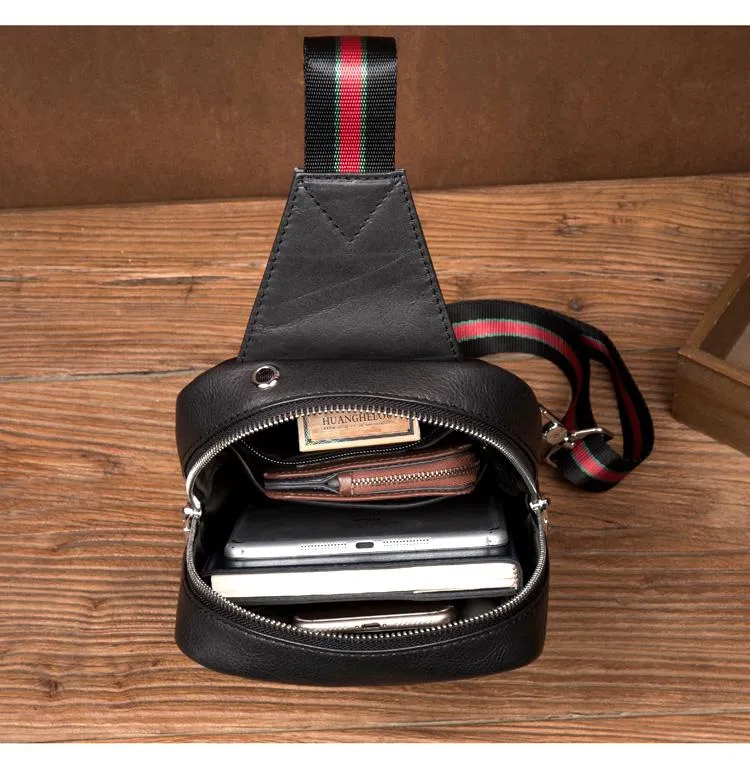 Cool Black Leather Mens Sling Bags Crossbody Pack Black Chest Bags One Shoulder Backpack for men