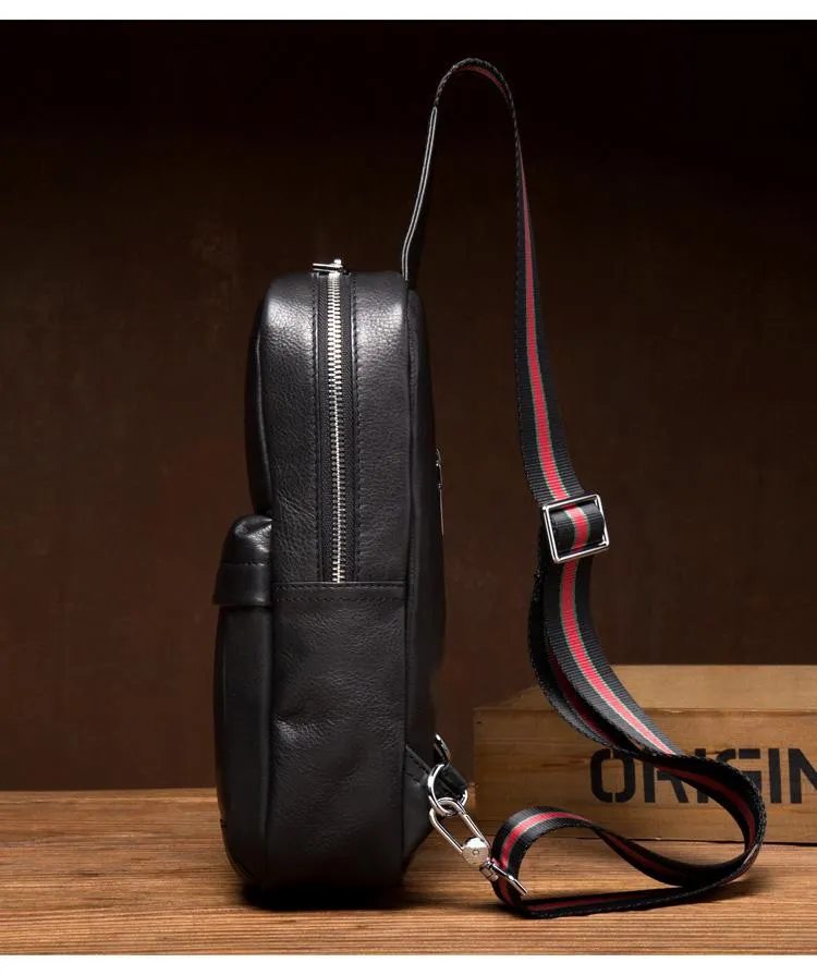 Cool Black Leather Mens Sling Bags Crossbody Pack Black Chest Bags One Shoulder Backpack for men