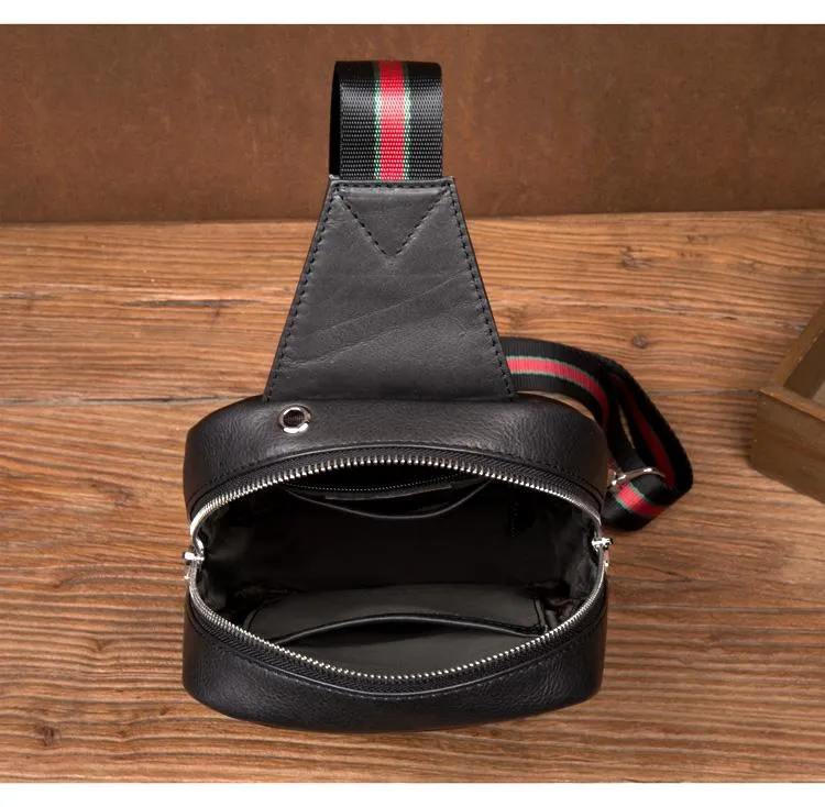 Cool Black Leather Mens Sling Bags Crossbody Pack Black Chest Bags One Shoulder Backpack for men