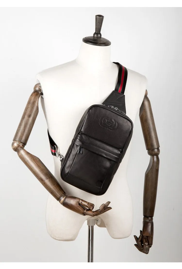 Cool Black Leather Mens Sling Bags Crossbody Pack Black Chest Bags One Shoulder Backpack for men