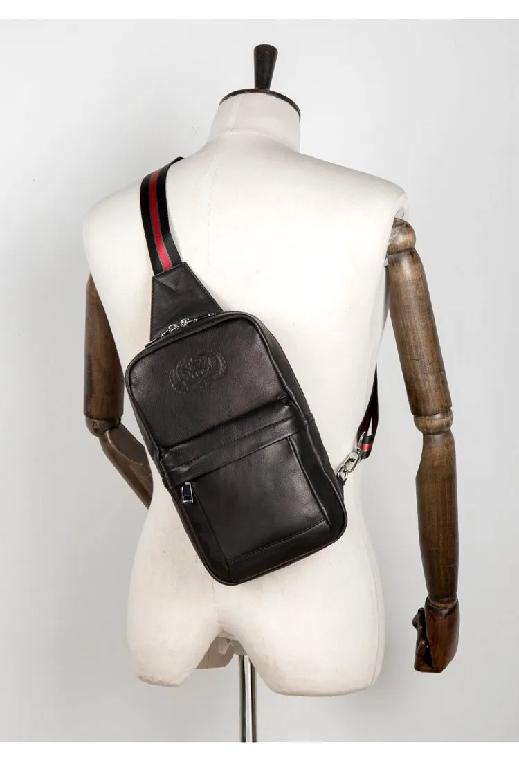 Cool Black Leather Mens Sling Bags Crossbody Pack Black Chest Bags One Shoulder Backpack for men