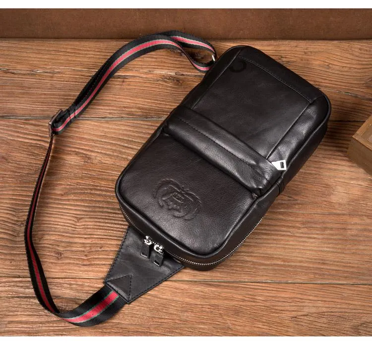 Cool Black Leather Mens Sling Bags Crossbody Pack Black Chest Bags One Shoulder Backpack for men