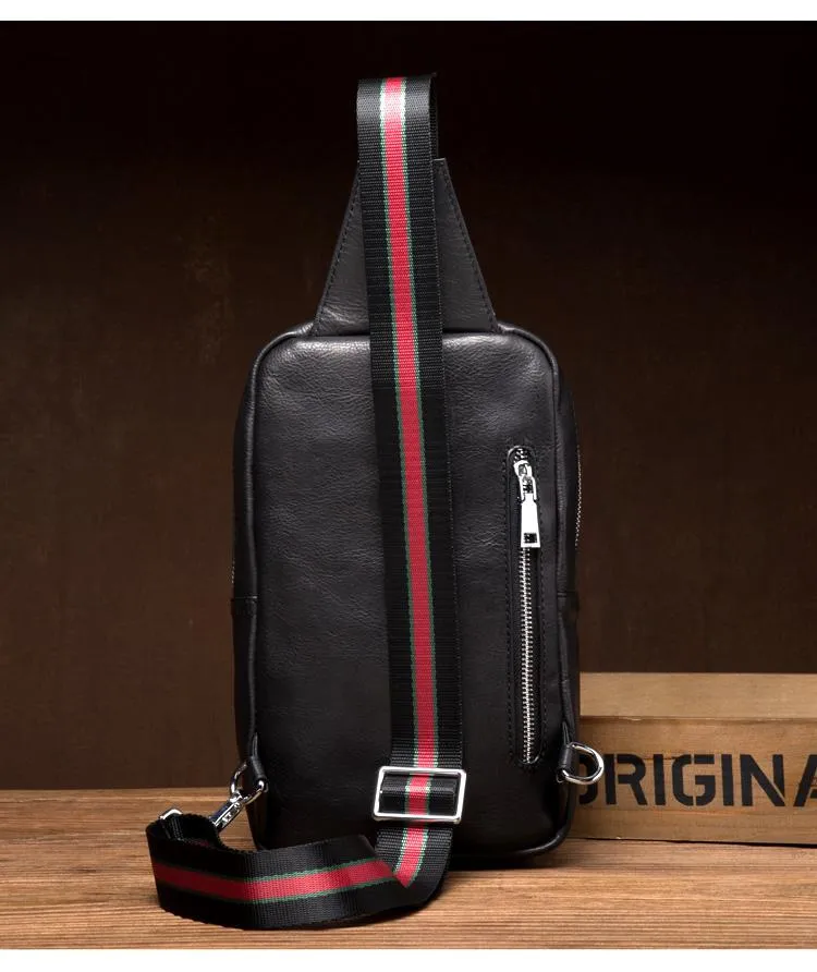 Cool Black Leather Mens Sling Bags Crossbody Pack Black Chest Bags One Shoulder Backpack for men
