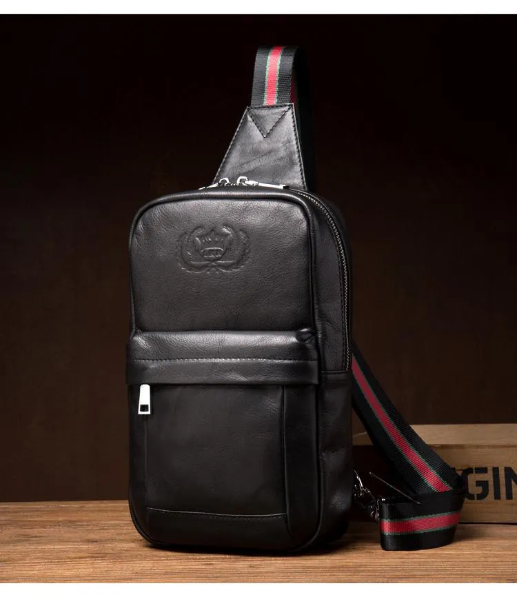 Cool Black Leather Mens Sling Bags Crossbody Pack Black Chest Bags One Shoulder Backpack for men