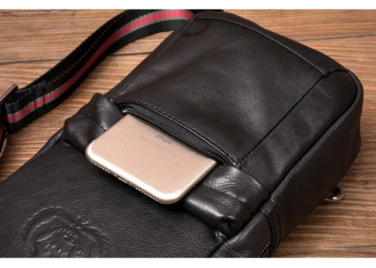 Cool Black Leather Mens Sling Bags Crossbody Pack Black Chest Bags One Shoulder Backpack for men