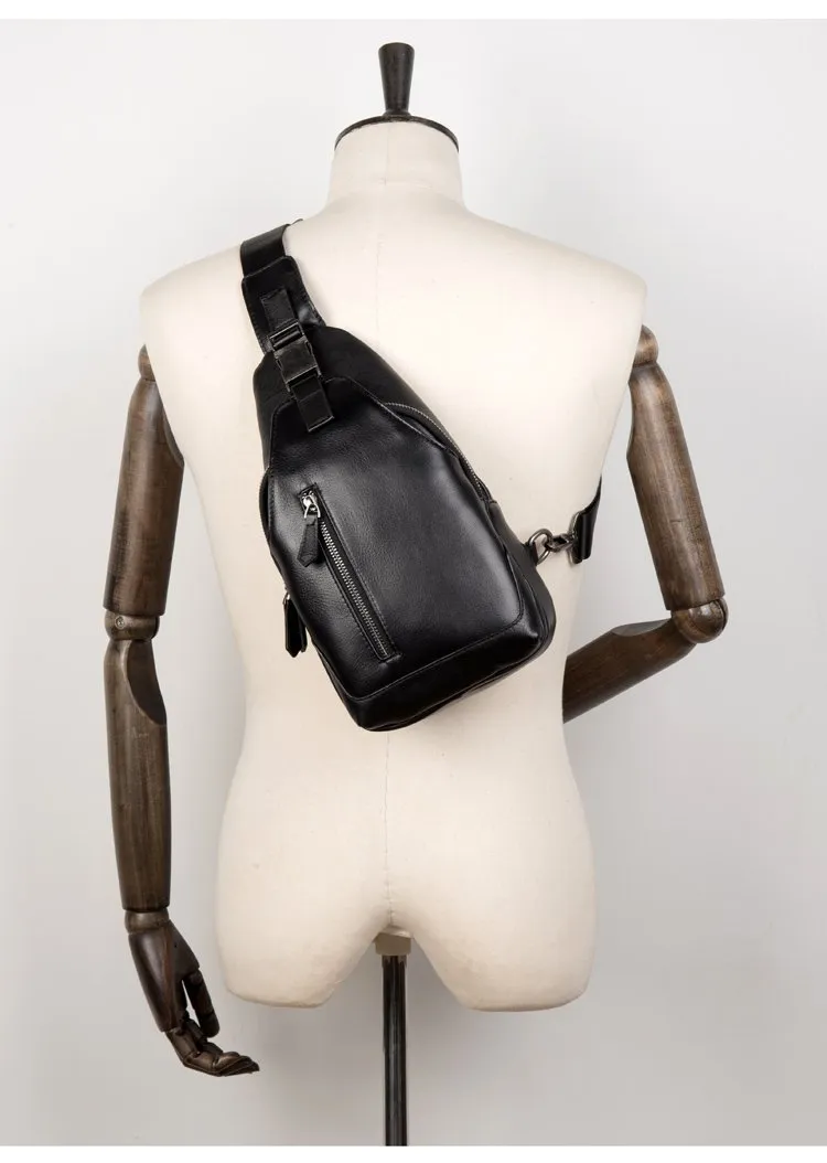 Cool Black Leather Mens Sling Bags Crossbody Pack Black Chest Bags Sling Pack for men