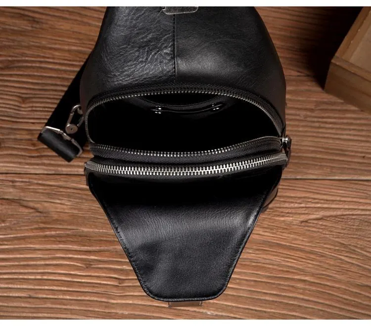 Cool Black Leather Mens Sling Bags Crossbody Pack Black Chest Bags Sling Pack for men