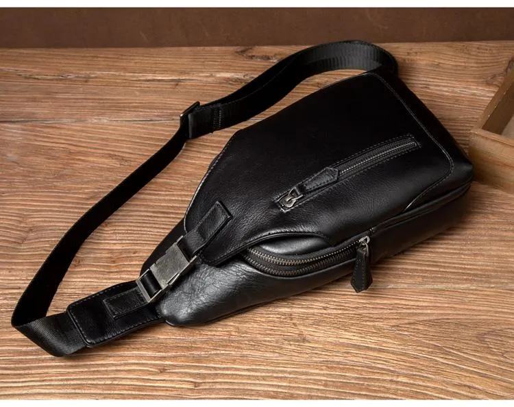 Cool Black Leather Mens Sling Bags Crossbody Pack Black Chest Bags Sling Pack for men