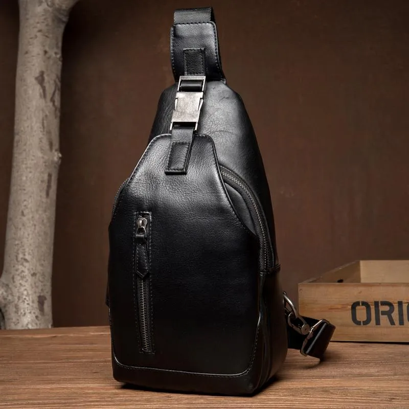 Cool Black Leather Mens Sling Bags Crossbody Pack Black Chest Bags Sling Pack for men