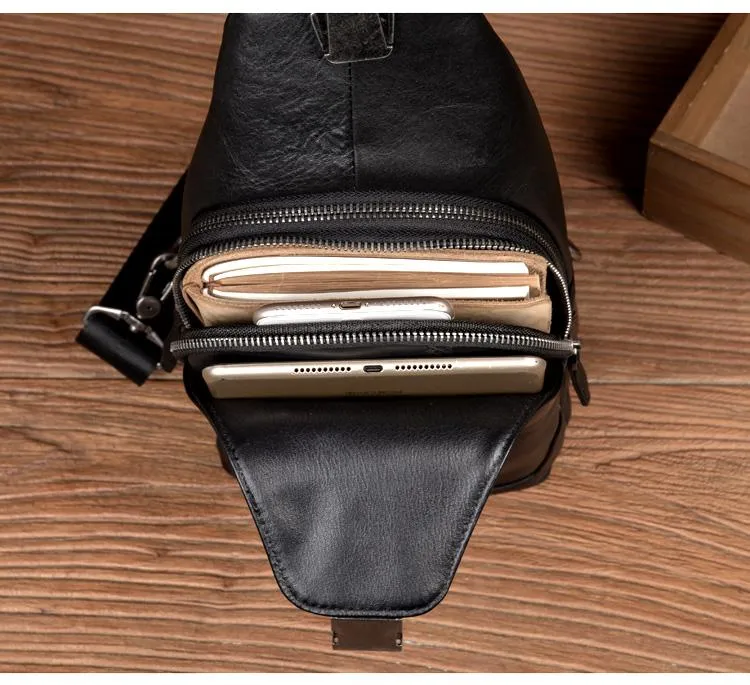 Cool Black Leather Mens Sling Bags Crossbody Pack Black Chest Bags Sling Pack for men